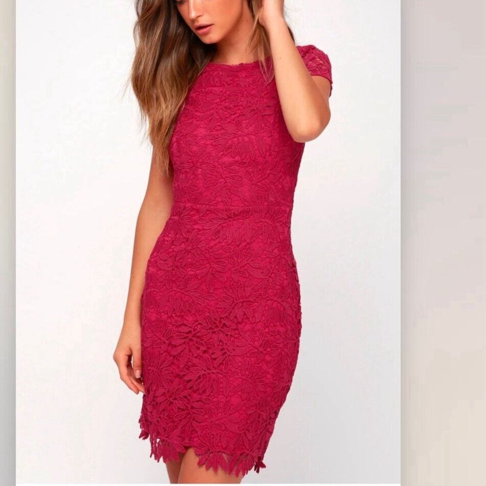NWT Lulus Right Sheer,‎ Right Now Magenta Lace Bodycon Dress MEDIUM